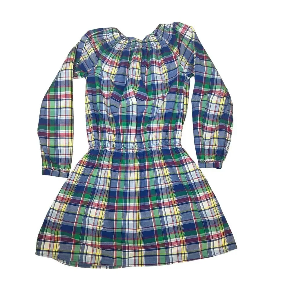 Ralph Lauren girls adjustable sleeve cotton blue plaid preppy smocked dress 16